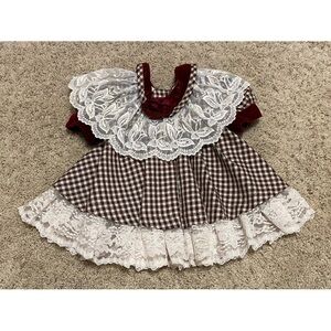 Vintage Maroon Plaid Velvet Lace Collar Christmas Dress 6-9 Months Made In USA
